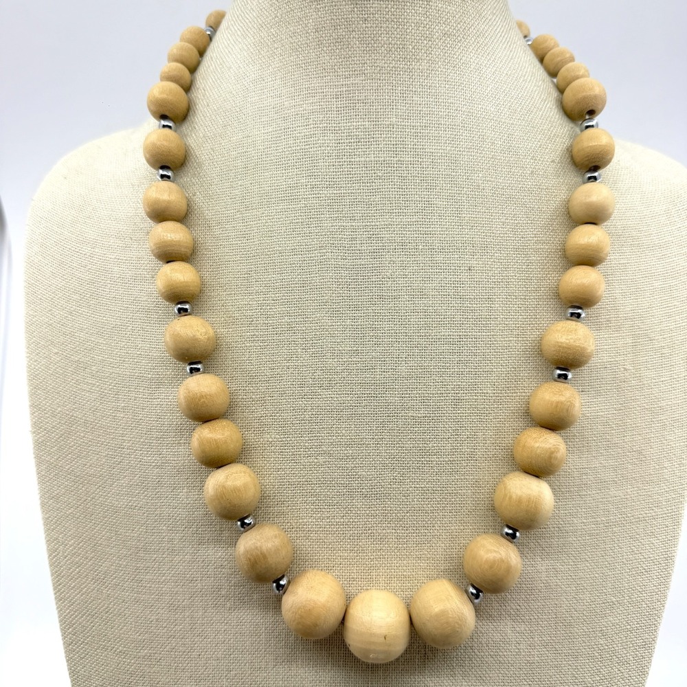 Natural Wood Bead Necklace Silver Tone Spacers Chunky Boho Statement Jewelry